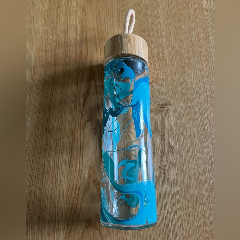 Blue and Bamboo Glass Water Bottle